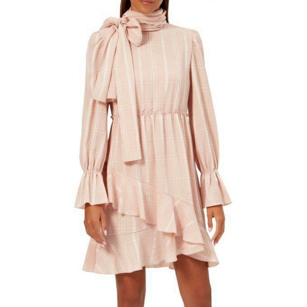 See By Chloè Georgette Check Ascot Tie Ruffle Flouncy Dress Smoky Pink - Picture 10 of 14